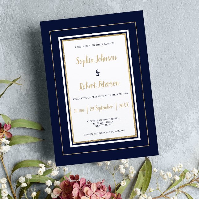 Minimalistische Hochzeit in Weißgold Einladung (Minimalist navy blue white gold elegant wedding)