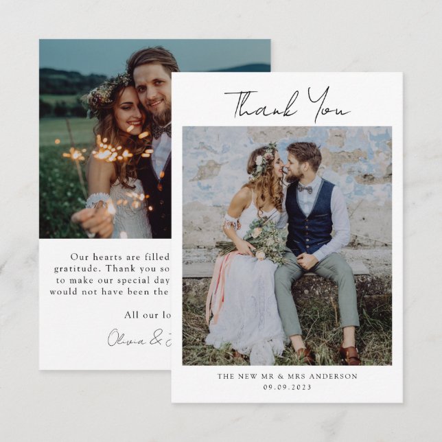 Minimalistische Hochzeit mit 2 Fotos Dankeskarte (Vorne/Hinten)