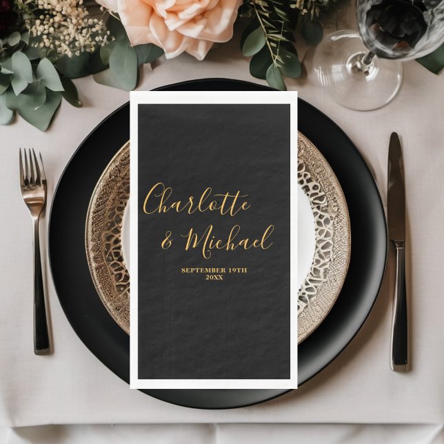 Minimalistische Hochzeit mit Black Gold Script Serviette (Von Creator hochgeladen)