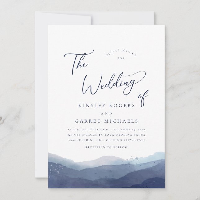 Minimalistische Hochzeit mit blauem Wasser Einladung (Vorderseite)