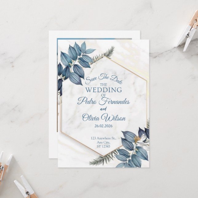 Minimalistische Hochzeit mit Blauer Flora Save the Einladung (Vorderseite/Rückseite Beispiel)