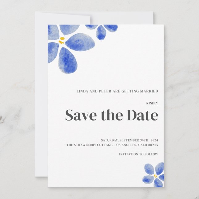 Minimalistische Hochzeit mit blauer Wasserfarbe Save The Date (Vorderseite)