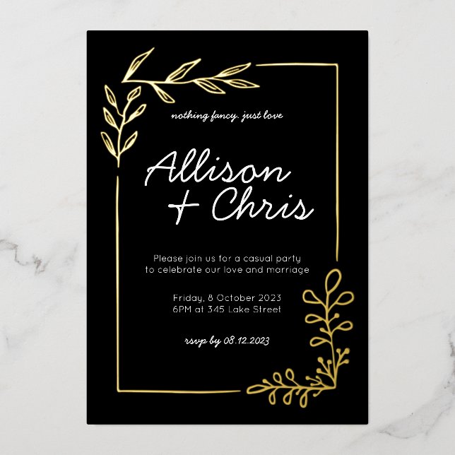 Minimalistische Hochzeit mit Gold, Schwarz und Wei Folieneinladung (Vorderseite)