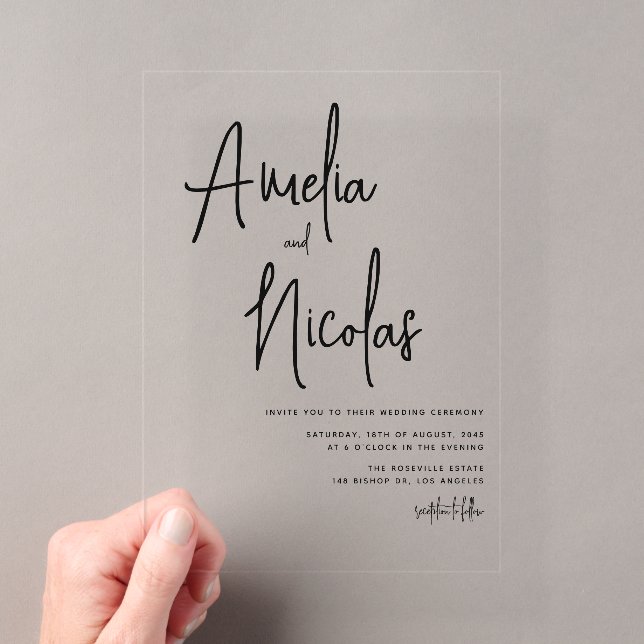 Minimalistische Hochzeit mit handgeschriebenem Bla Acryleinladungen (Insitu (Handheld))