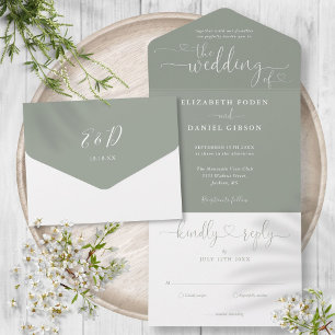 Minimalistische Hochzeit mit modernen Grünen Schri All In One Einladung