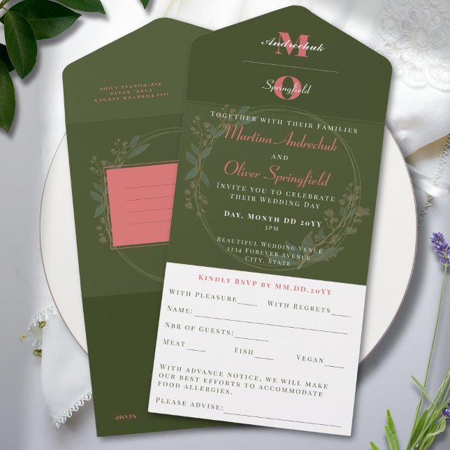Minimalistische Hochzeit mit Olive Green Blush All In One Einladung (Von Creator hochgeladen)