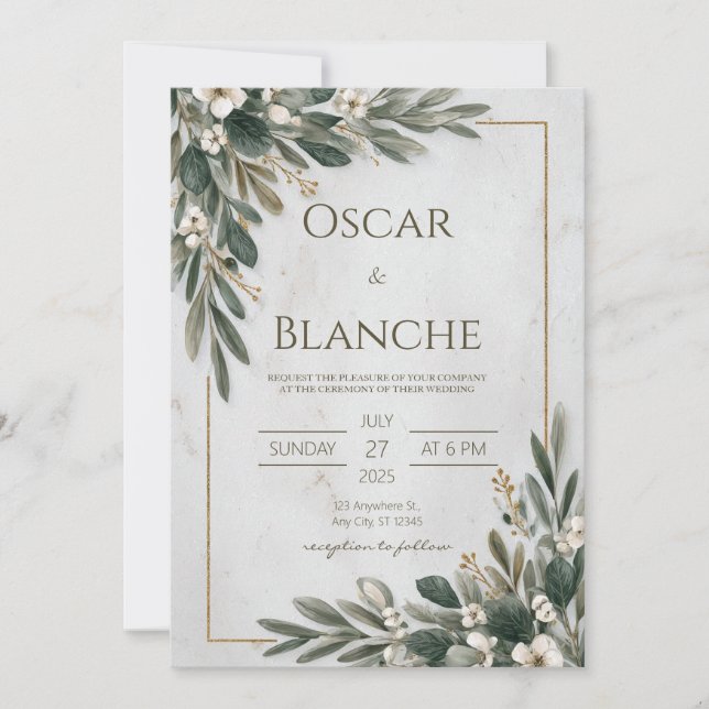 Minimalistische Hochzeit mit Olive Green & White F Einladung (Vorderseite)