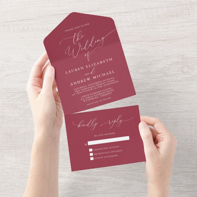 Minimalistische Hochzeit mit Rotwein All In One Einladung (Abreißen)