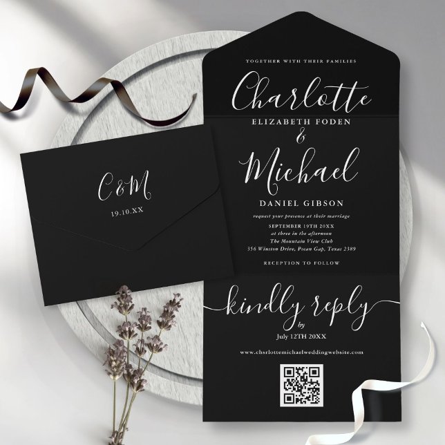 Minimalistische Hochzeit mit schwarz-weißem QR-Cod All In One Einladung (Von Creator hochgeladen)