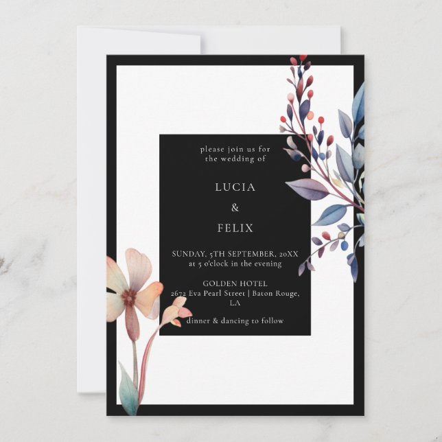 Minimalistische Hochzeit mit schwarzer Flora Einladung (Vorderseite)