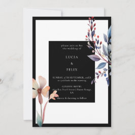 Minimalistische Hochzeit mit schwarzer Flora Einladung