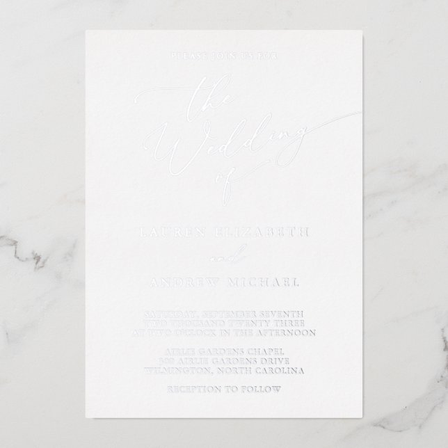 Minimalistische Hochzeit mit Silber und Weiß Folieneinladung (Vorderseite)