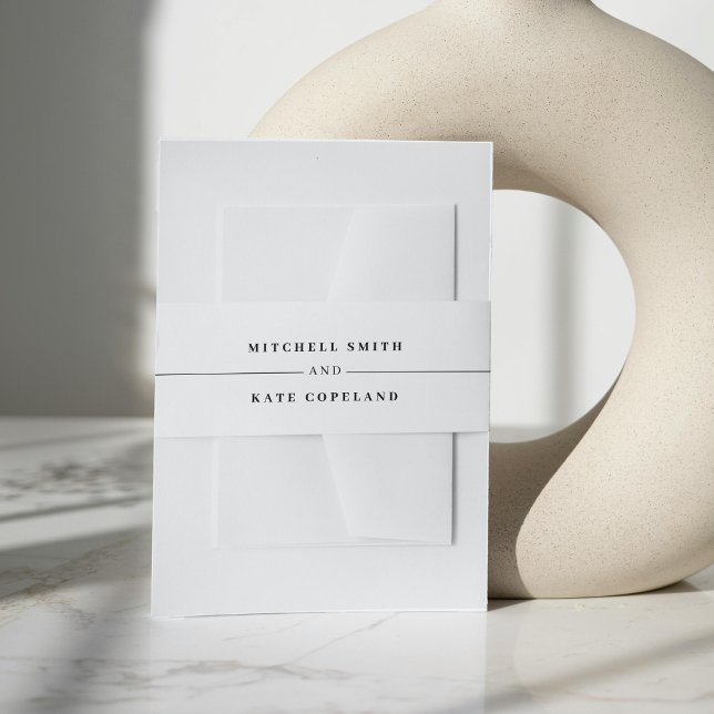 Minimalistische Hochzeit mit weißem und schwarzem  Einladungsbanderole (White & Black Simple Minimalist Name Line Wedding Invitation Belly Band)