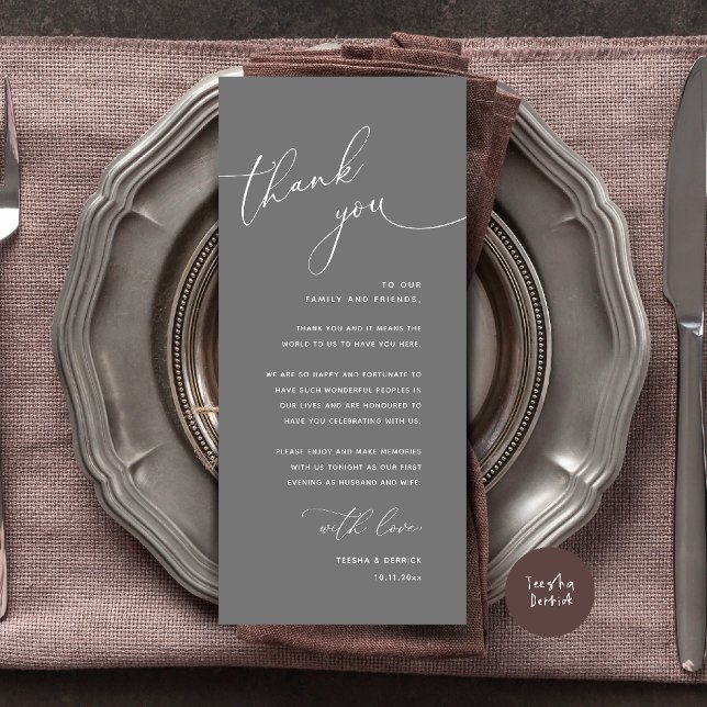Minimalistische Hochzeit Platzsetting Dankeskarten Programm (Welcome n Thanks Wedding Reception Dinner Brunch Lunch Thank You Card in Dark Grey)