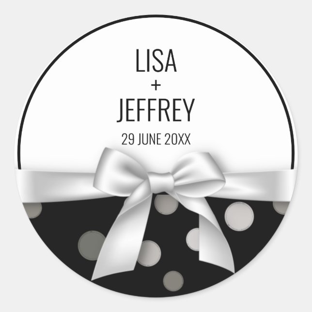 Minimalistische Hochzeit Polka Dot & Silver Bow Runder Aufkleber (Vorderseite)
