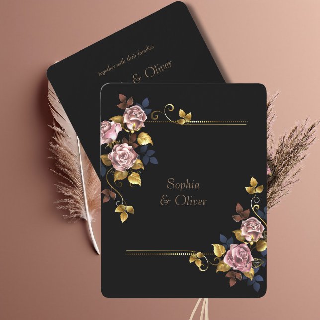 Minimalistische Hochzeit von Boho Black Gold Flora Einladung (Von Creator hochgeladen)