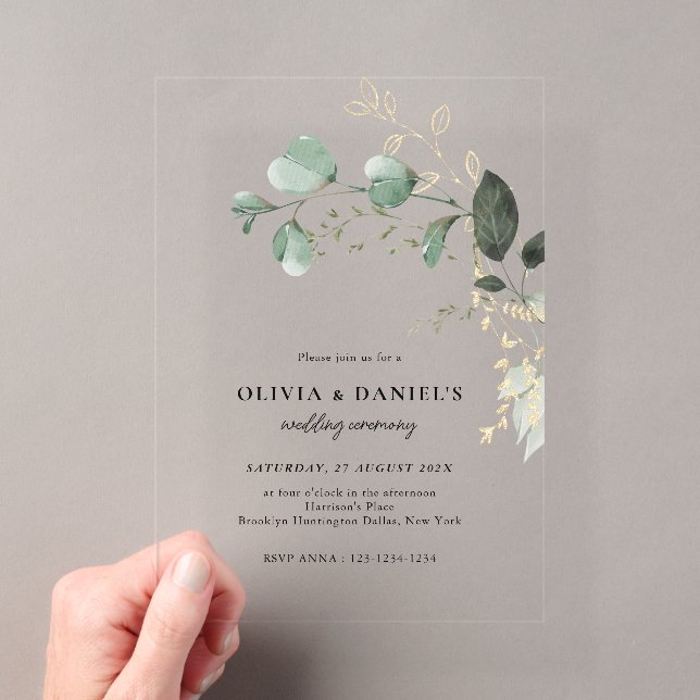 Minimalistische Hochzeit von Gold und Green Eukaly Acryleinladungen (Insitu (Handheld))