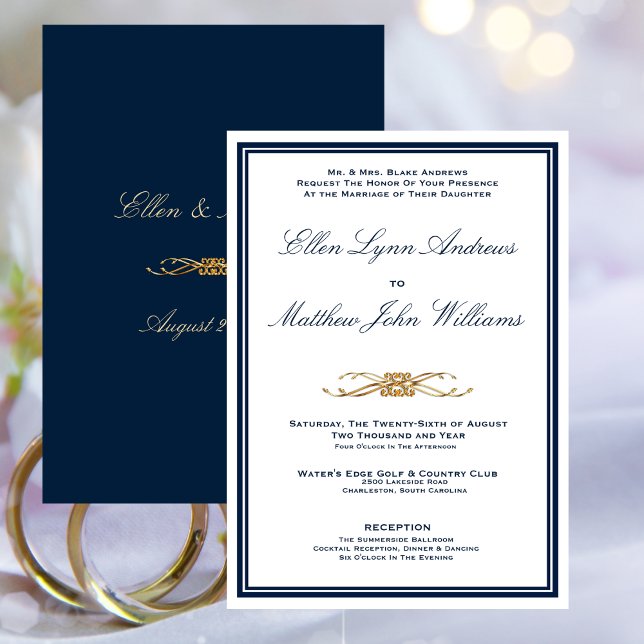 Minimalistische Hochzeit von Navy und Gold Einladung (Navy and Gold Elegant Minimalist Wedding Invitation)