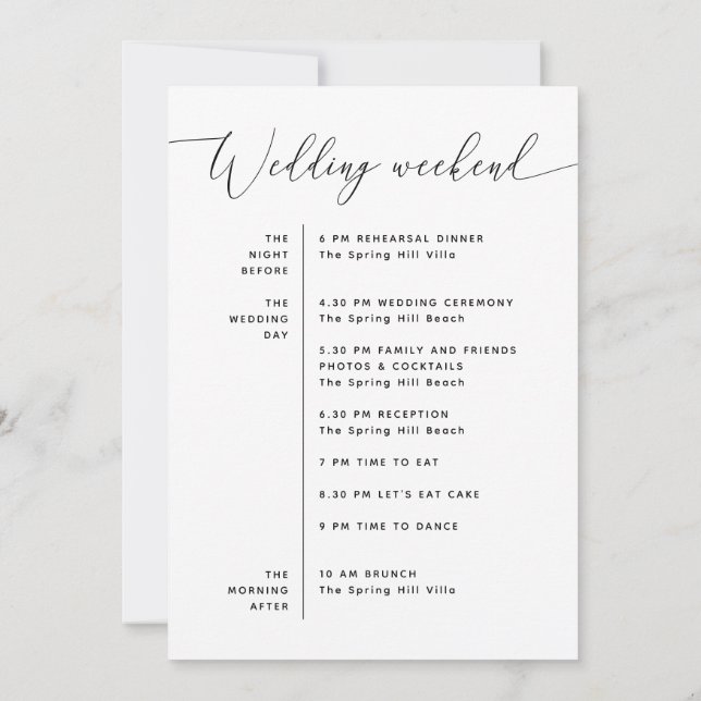 Minimalistische Hochzeitreise | Wochenendzeitplan Einladung (Rückseite)