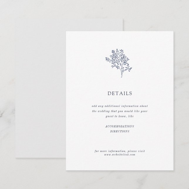 Minimalistische Hochzeitsdetails für Olivenbaum |  Begleitkarte (Vorne/Hinten)