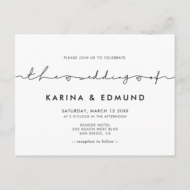 Minimalistische Hochzeitseinladung für moderne Kal Postkarte (Vorderseite)