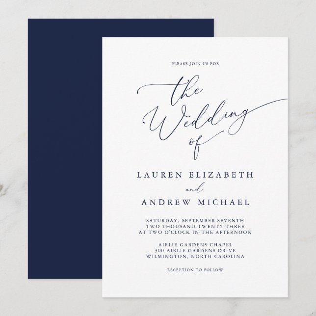 Minimalistische Hochzeitseinladung in Navy Einladung (Vorne/Hinten)