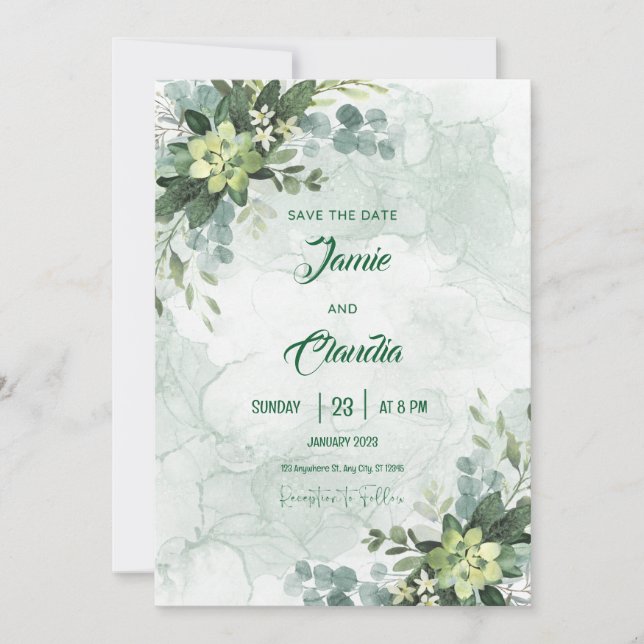 Minimalistische Hochzeitseinladung in Weiß und Grü Einladung (Vorderseite)