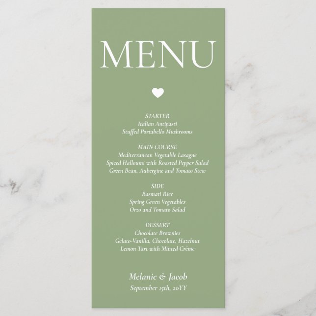 Minimalistische Hochzeitsmenükarte "Sage Green" Menükarte (Vorderseite)