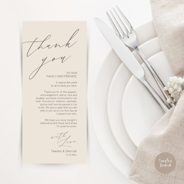 Minimalistische Hochzeitsplatteinstellung Dankesch Programm (Wedding Place Setting Dinner Thank You Card, Modern Romantic Script, in Cream and Dark Grey)