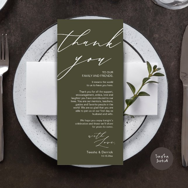 Minimalistische Hochzeitsplatteinstellung Dankesch Programm (Wedding Place Setting Dinner Thank You Card, Modern Romantic Script, in Olive Green)
