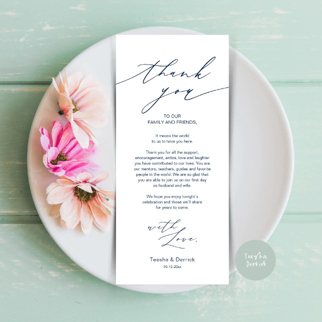Minimalistische Hochzeitsplatteinstellung Dankesch Programm (Minimalist Wedding Dinner Place Setting Thank You Card, plate decor in Navy Blue)