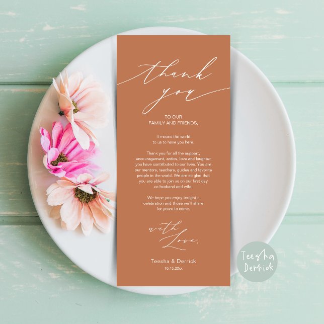 Minimalistische Hochzeitsplatteinstellung Dankesch Programm (Minimalist Wedding Dinner Place Setting Thank You Card, plate decor in Copper Rust Brown)