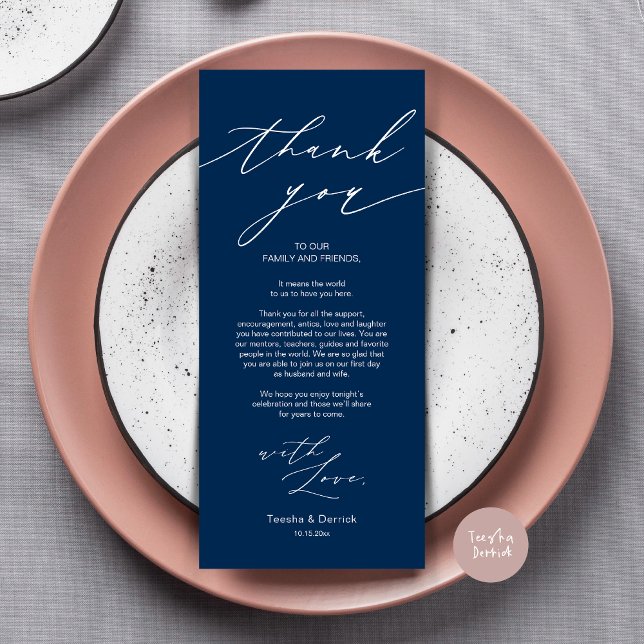 Minimalistische Hochzeitsplatteinstellung Dankesch Programm (Wedding Dinner Place Setting Thank You Card, Modern Minimalist Design, in navy blue)