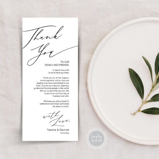 Minimalistische Hochzeitsplatteinstellung Dankesch Programm (Wedding Dinner Place Setting Thank You Card, Modern Minimalist, in Black and White)