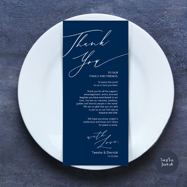 Minimalistische Hochzeitsplatteinstellung Dankesch Programm (Wedding Dinner Place Setting Thank You Card, Modern Minimalist, in Navy Blue)