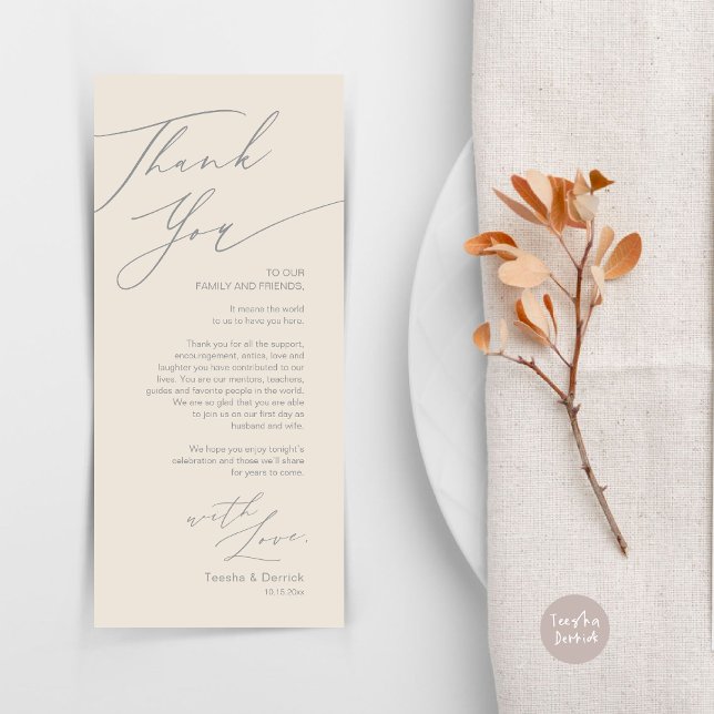 Minimalistische Hochzeitsplatteinstellung Dankesch Programm (Wedding Dinner Place Setting Thank You Card, Modern Minimalist, in Grey and Cream)