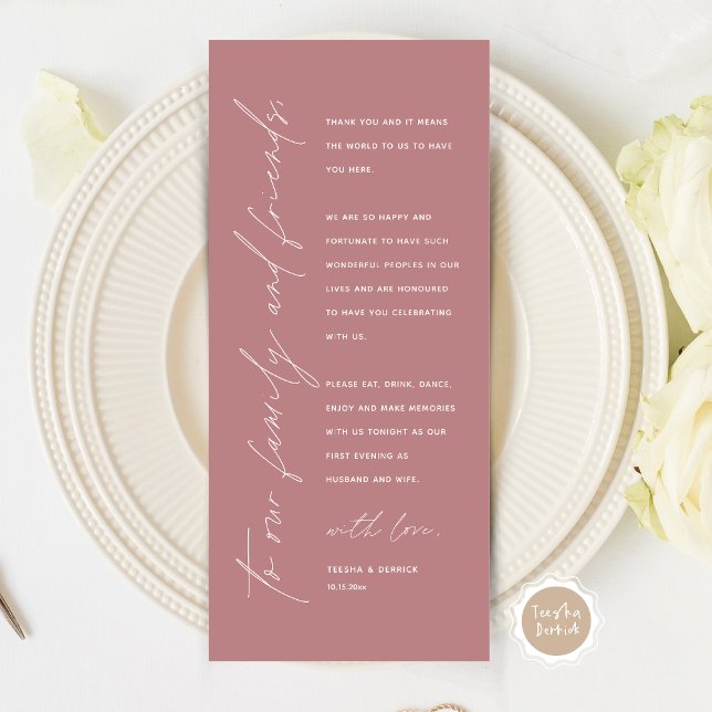 Minimalistische Hochzeitsplatteinstellung Dankesch Programm (Modern Minimalist Wedding Place Setting Thank You Card for Your Wedding Dinner Party, Dusty Rose.)