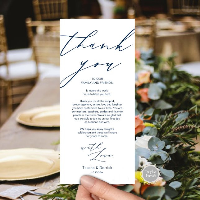 Minimalistische Hochzeitsplatteinstellung Dankesch Programm (Wedding Dinner Place Setting Thank You Card, in Modern Minimalist Script, Navy Blue.)