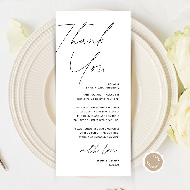 Minimalistische Hochzeitsplatteinstellung Dankesch Programm (Modern Minimalist Wedding Place Setting Thank You Card, Dinner Plate Decor, Online Editable)