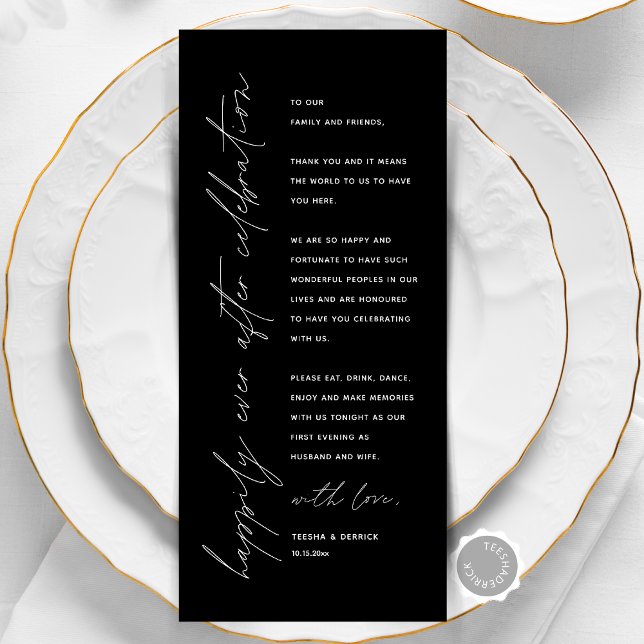 Minimalistische Hochzeitsplatteinstellung Dankesch Programm (Happily Ever After, Wedding Place Setting Thank You Card, Elopement Dinner Celebration, Black White)