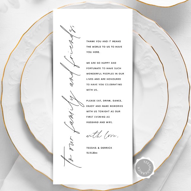 Minimalistische Hochzeitsplatteinstellung Dankesch Programm (Modern Minimalist Wedding Place Setting Thank You Card, Family and Friends, Online Editable)