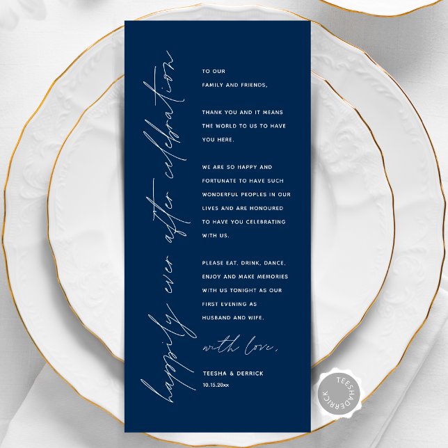 Minimalistische Hochzeitsplatteinstellung Dankesch Programm (Happily Ever After, Wedding Place Setting Thank You Card, Elopement Dinner Celebration, Navy Blue)