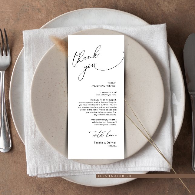 Minimalistische Hochzeitsplatteinstellung Dankesch Programm (Wedding Place Setting Thank You Card. in Modern Wedding Dinner Or Brunch, Romantic Script Design)