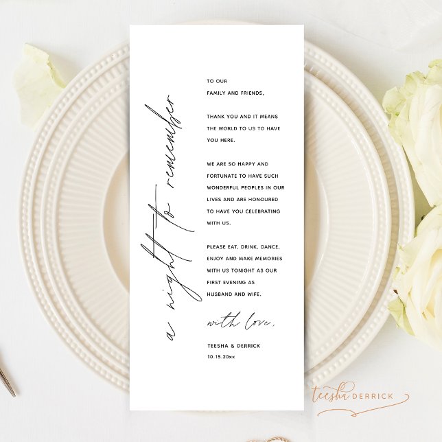 Minimalistische Hochzeitsplatteinstellung Dankesch Programm (A night to remember, Modern Minimalist Wedding Dinner Place Setting Thank You Card)