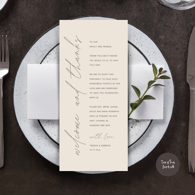 Minimalistische Hochzeitsplatteinstellung Dankesch Programm (Wedding Dinner Place Setting Thank You Card, Modern Minimalist, in Cream Dark Grey)