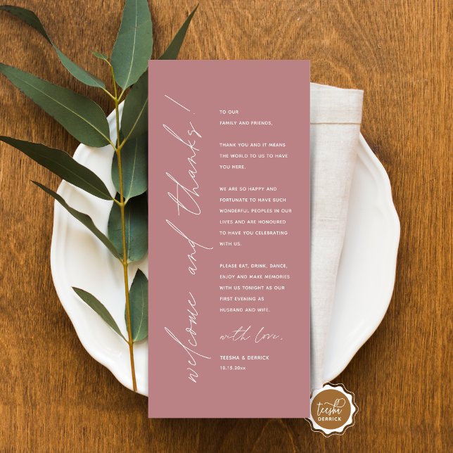 Minimalistische Hochzeitsplatteinstellung Dankesch Programm (Minimalist Wedding Place Setting Thank You Card, for dinner, brunch, lunch party, in dusty rose pink)