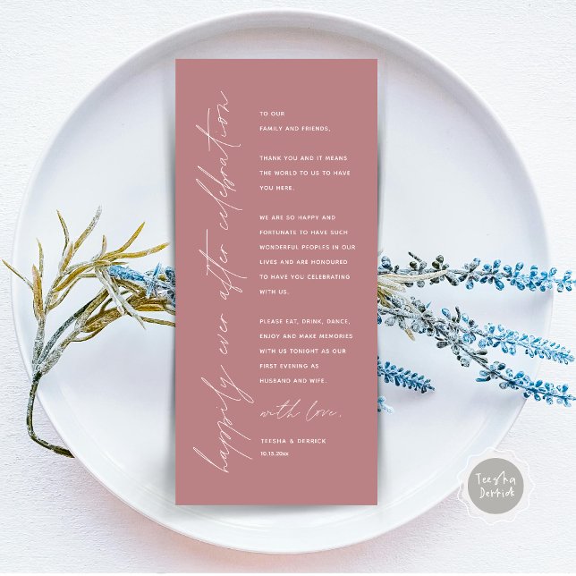 Minimalistische Hochzeitsplatteinstellung Dankesch Programm (Happily Ever After Celebration, Wedding Place Setting Thank You Card, Minimalist, Dusty Rose Pink)