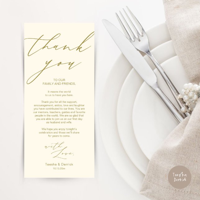 Minimalistische Hochzeitsplatteinstellung Dankesch Programm (Modern Minimalist Wedding Dinner Place Setting Thank You Card in aesthetic yellow gold)