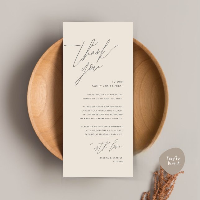 Minimalistische Hochzeitsplatteinstellung Dankesch Programm (Romantic Minimalist Wedding Dinner Place Setting Thank You Card, in Summer Cream Grey)