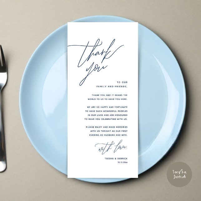 Minimalistische Hochzeitsplatteinstellung Dankesch Programm (Romantic Minimalist Wedding Dinner Place Setting Thank You Card, in Navy Blue)